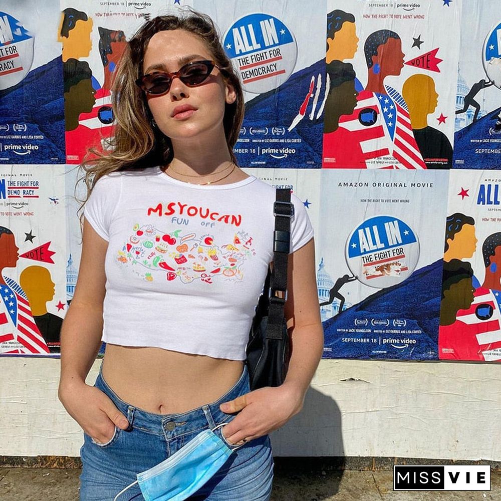 2000S Streetwear Cartoon Print White Baby Tees Y2K Aesthetics Letter O-Neck Short Sleeve T-Shirts Summer Cute Crop Top