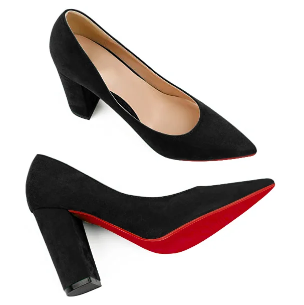 3.5" Women's Chunky Heels Red Bottom Shoes Comfortable Middle Block Heel Suede Pumps-MERUMOTE