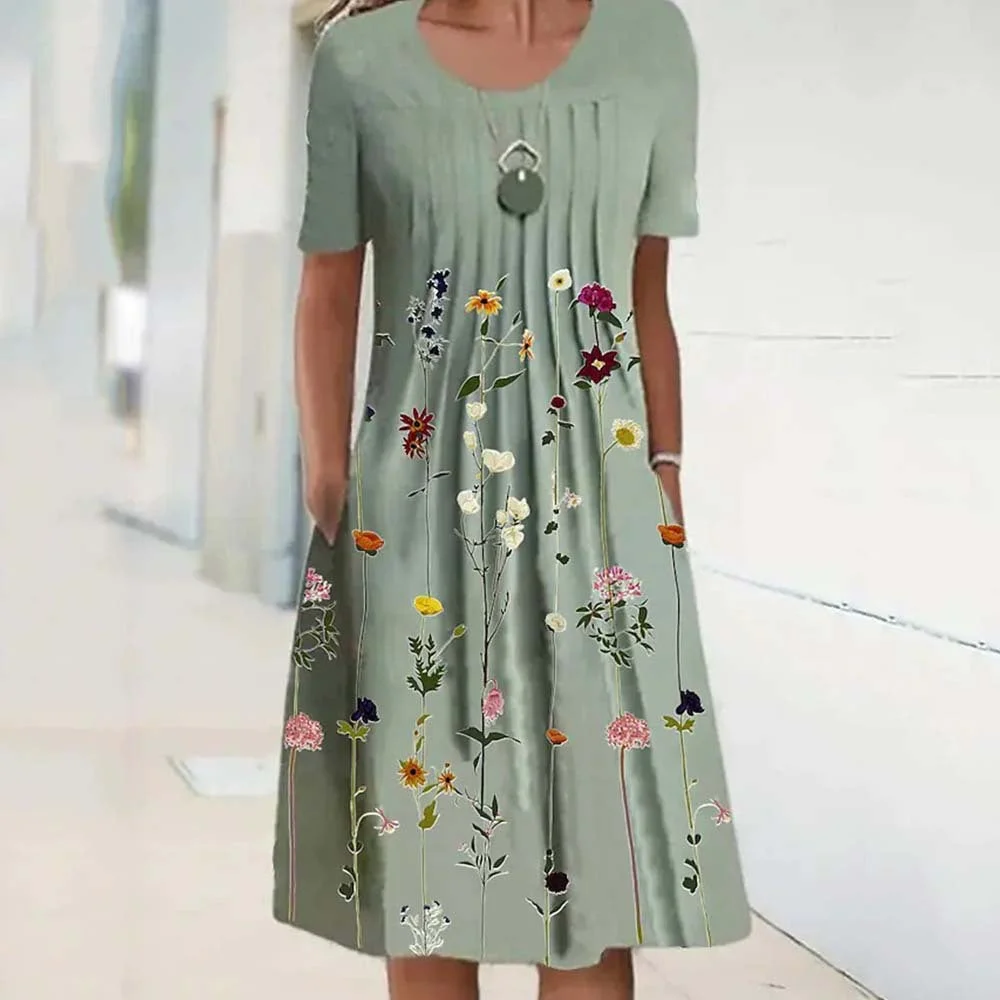 Uveng Floral Print Round Neck Pocket Mid-length Dresses