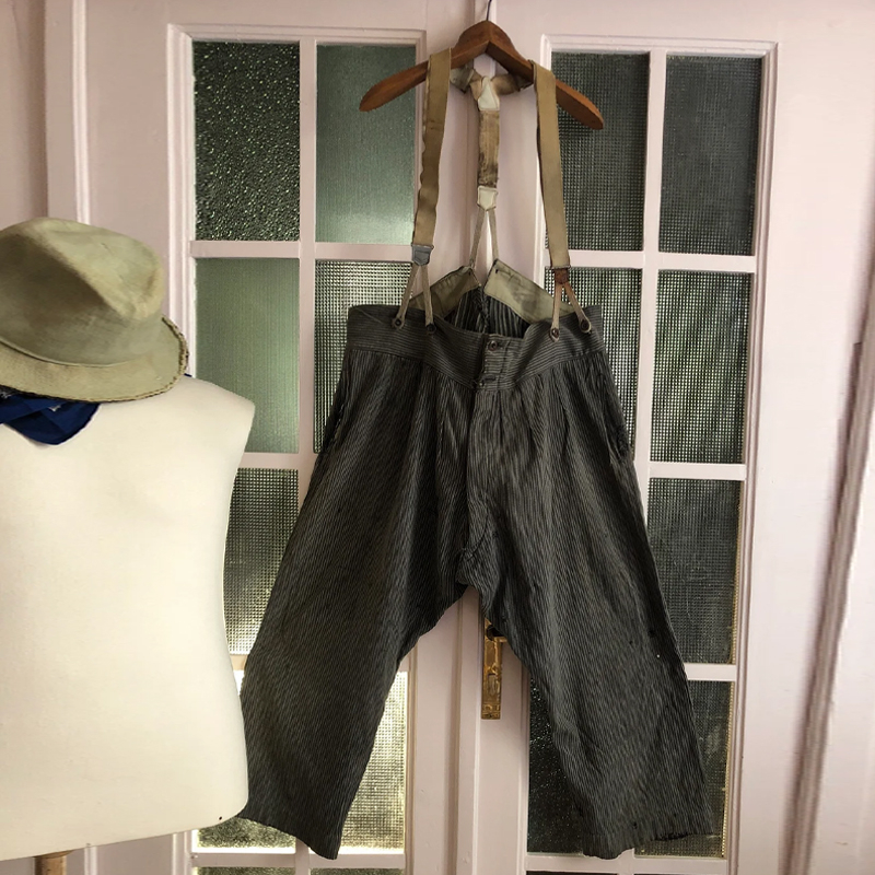 Men's Vintage Grey And White Striped Suspender Trousers