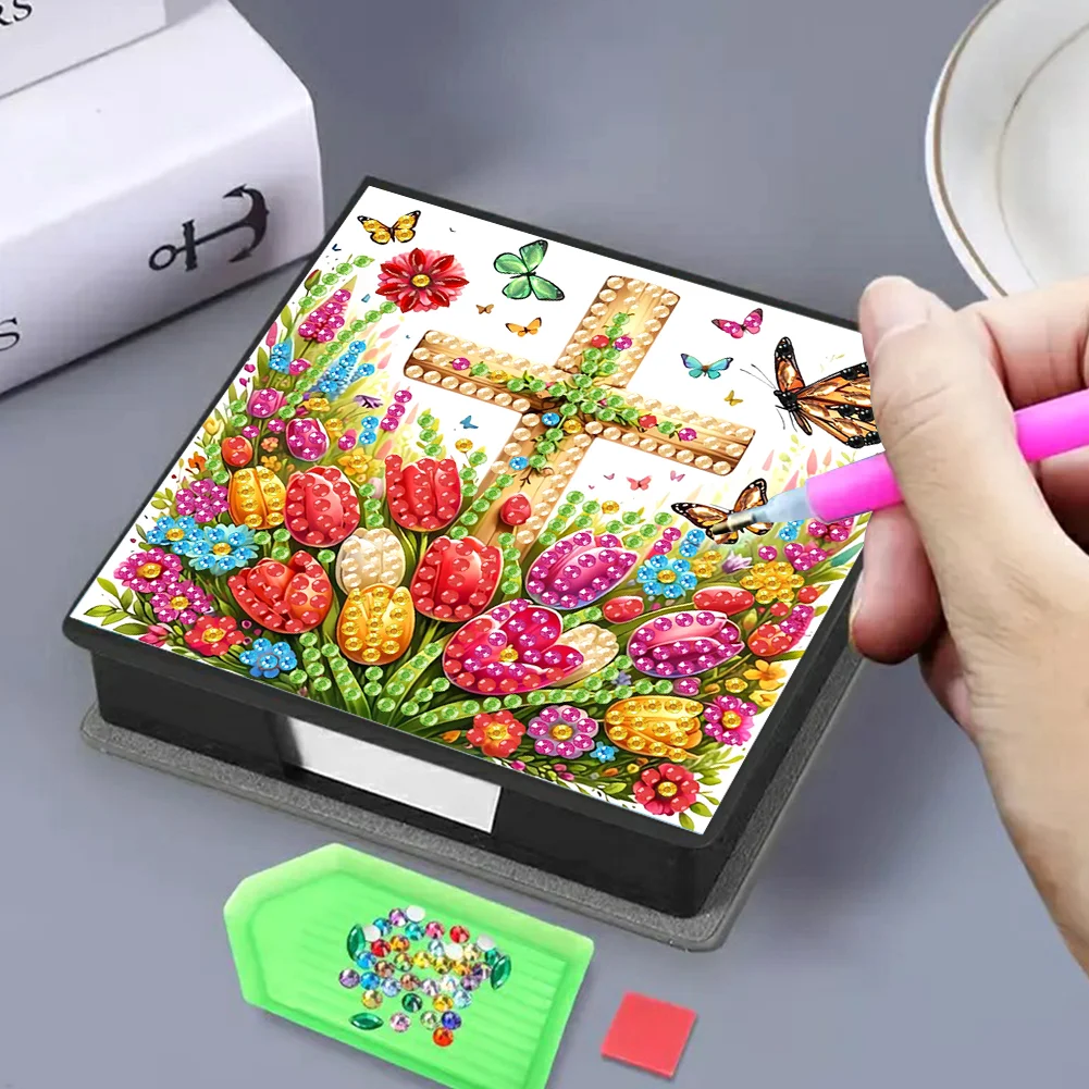 DIY Flower Cross Leather Diamond Art Note Box with 160 Sheets of Paper for Beginners