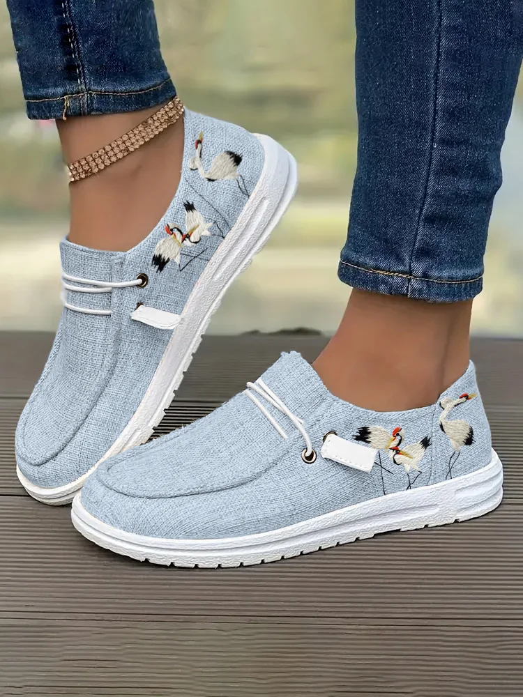 Comstylish Crane Embroidered Linen Low Top Canvas Shoes
