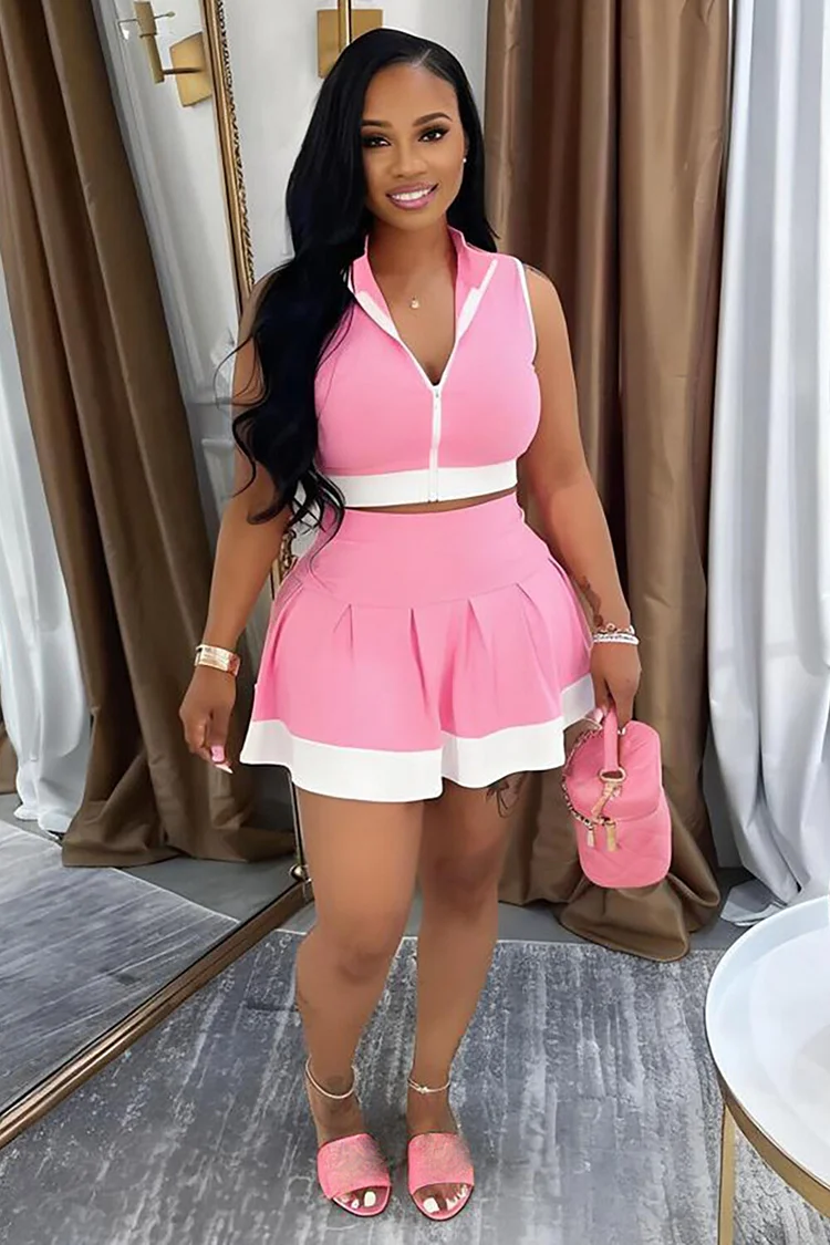 Colorblock Trim Sleeveless Crop Top A-Line Mini Skirt 2pcs Set-White