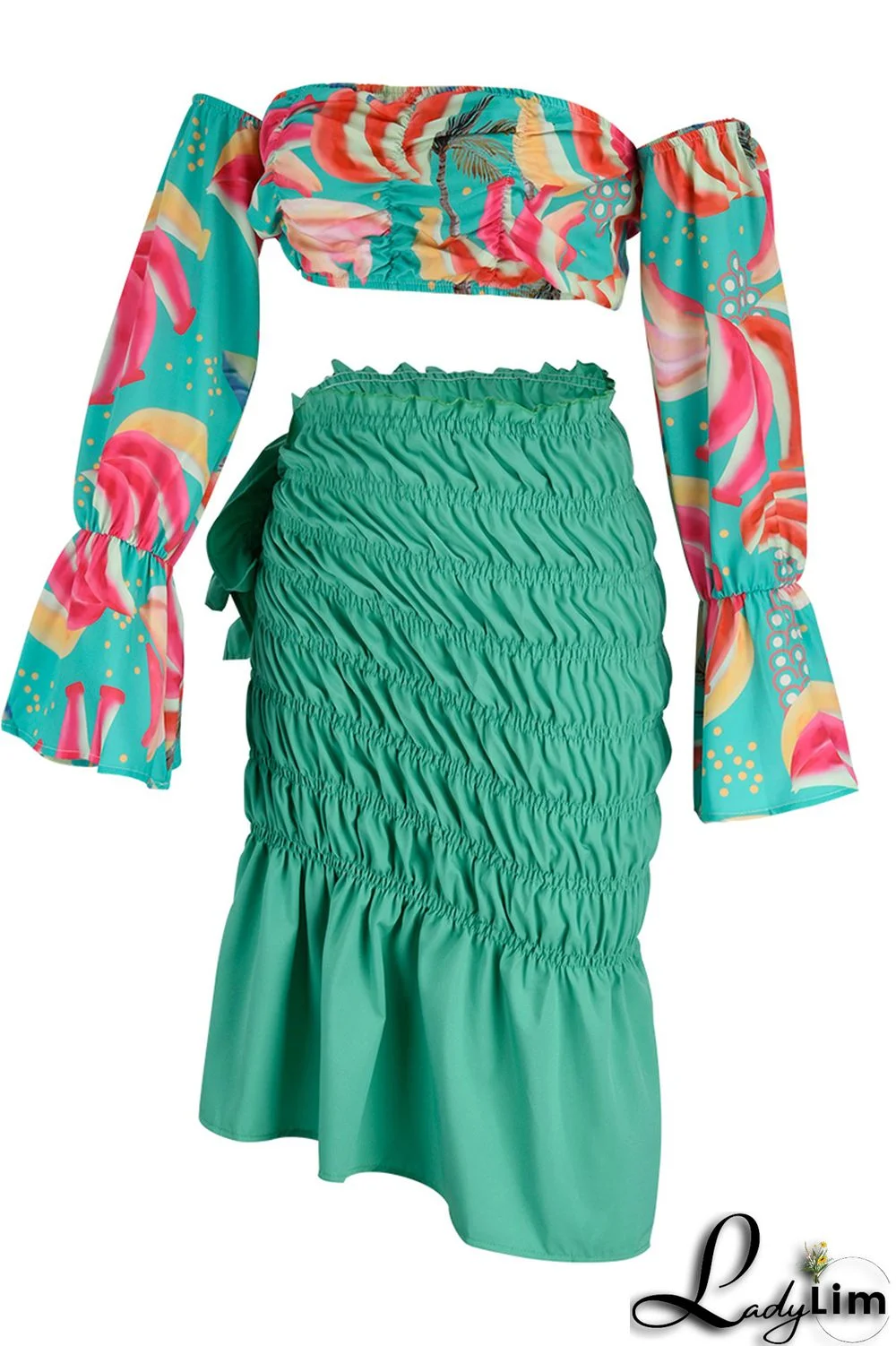 Orange Fashion Sexy Print Backless Slit Off the Shoulder Long Sleeve Two Pieces