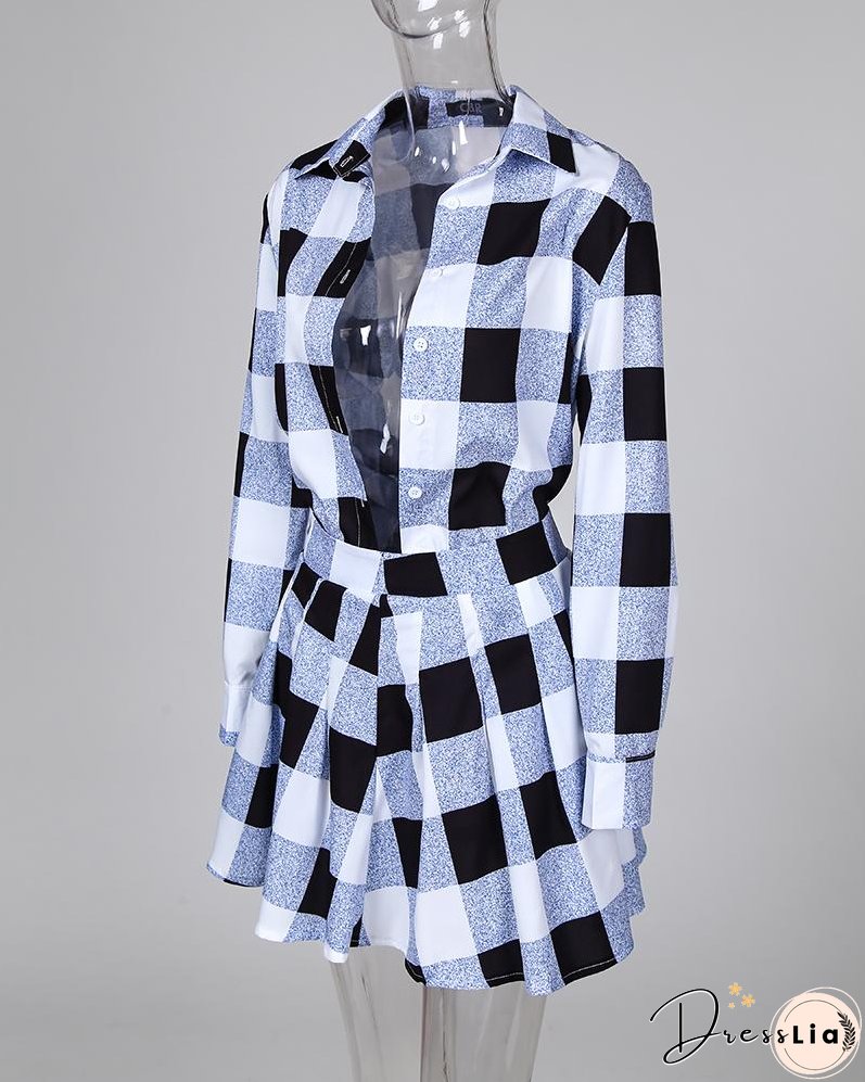 Plaid Colorblock Shirt & Tight Wasit Pleated Skirt Sets