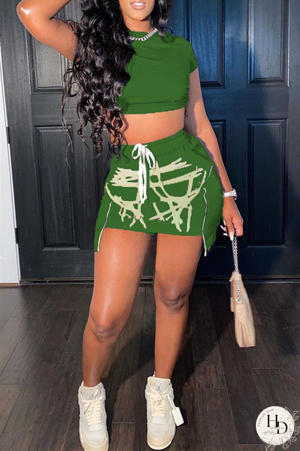 Red Fashion Sexy Print Asymmetrical O Neck Short Sleeve Two Pieces