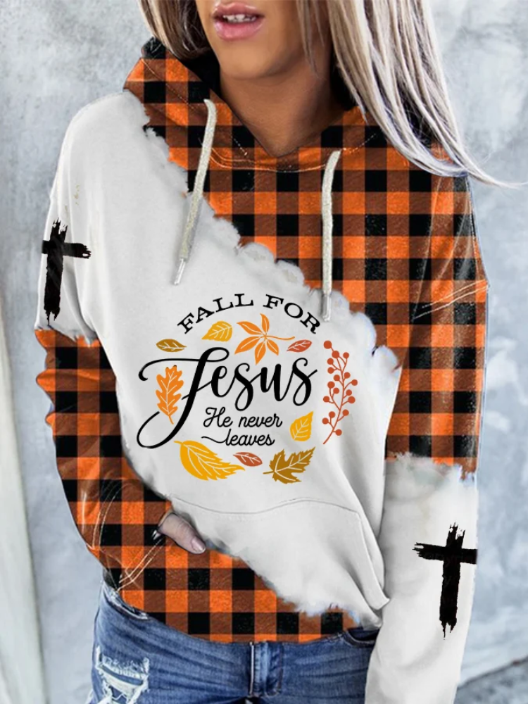 Women's Fall for Jesus He Never Leaves Maple Leaf Checkered Printed Casual Hoodie