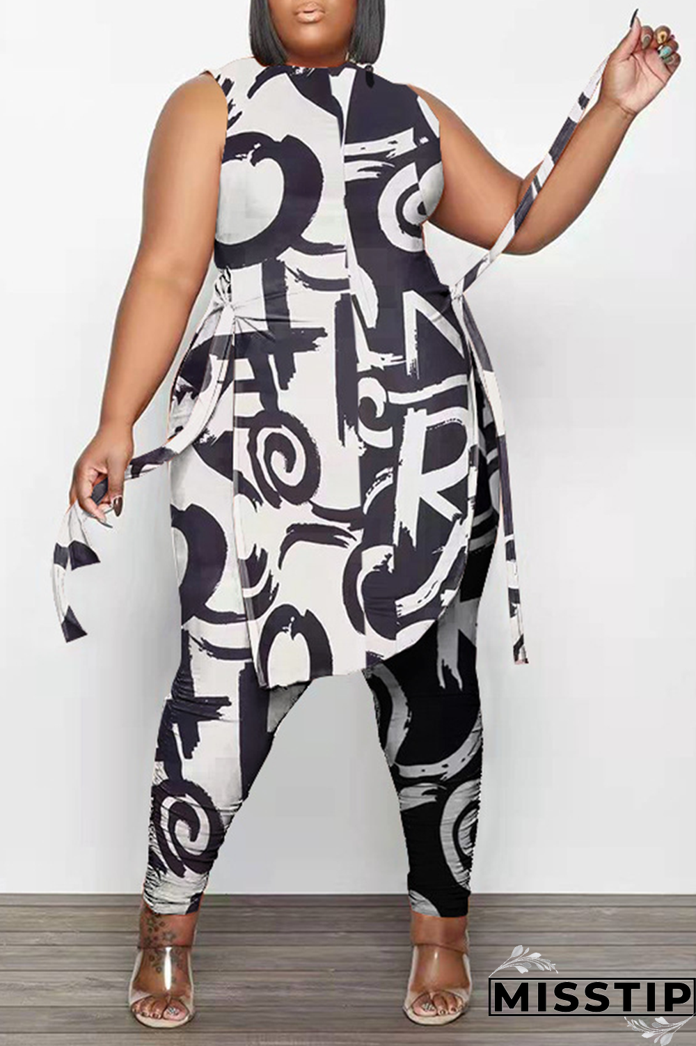 Black White Fashion Print Draw String O Neck Plus Size Two Pieces