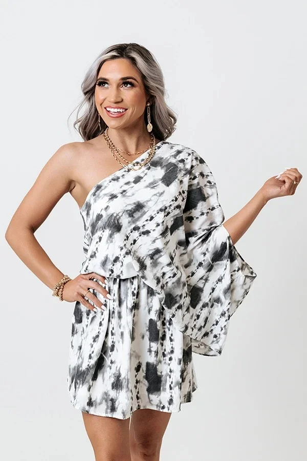 Grey Short Skirt Printed Dress One Sleeve