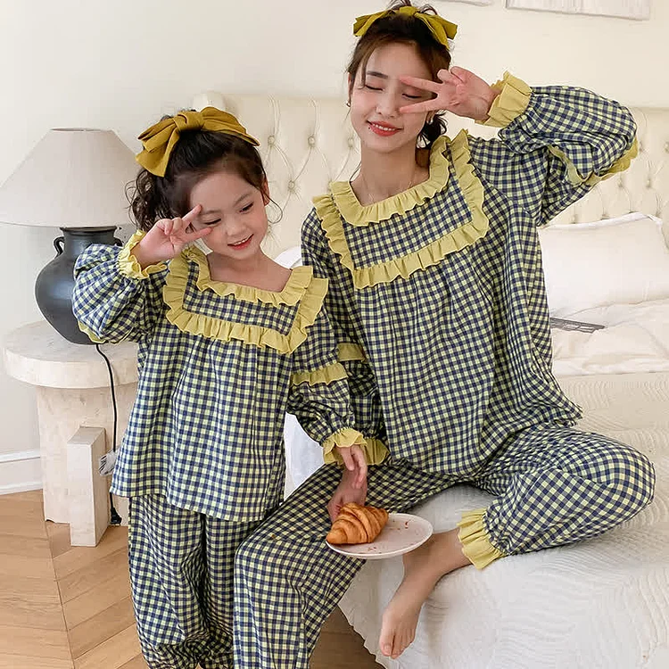 Mommy and Me Plaid Ruffled Pajamas Set