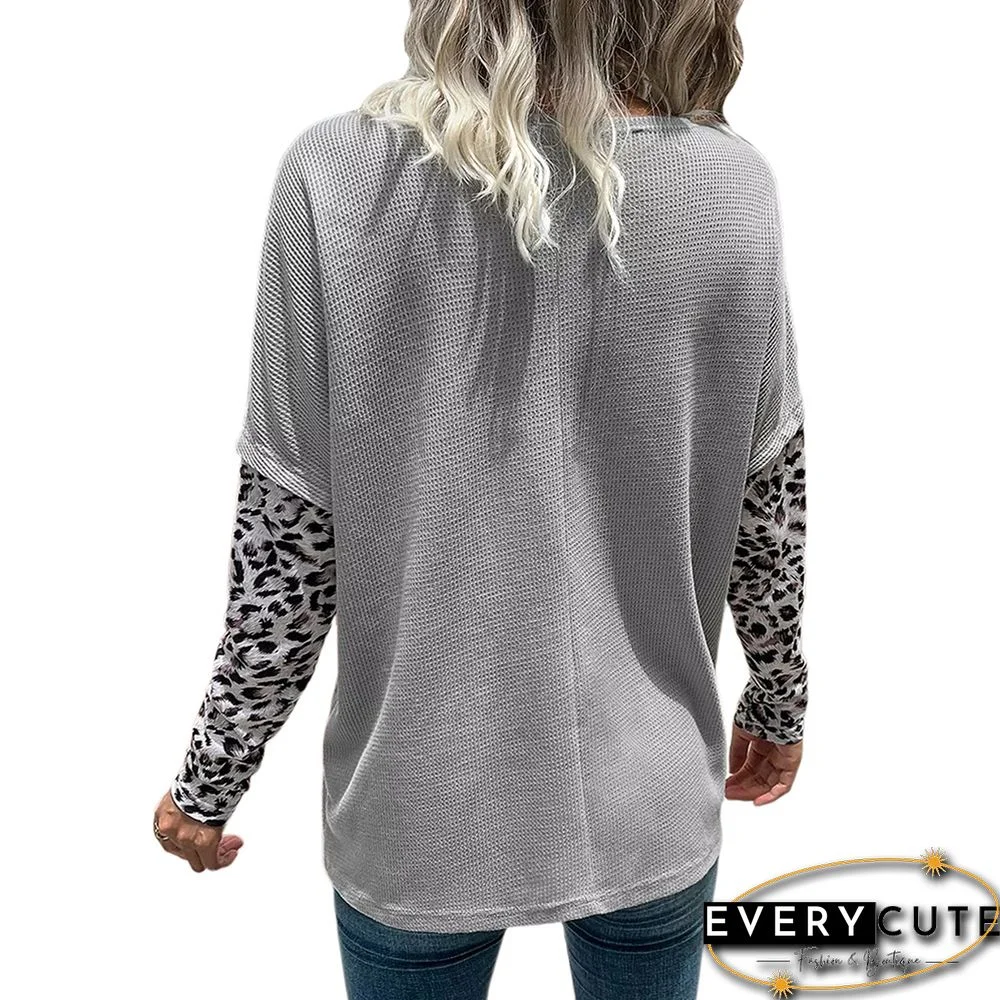 Light Gray Spliced Leopard Waffle Pocket Long Sleeve Top