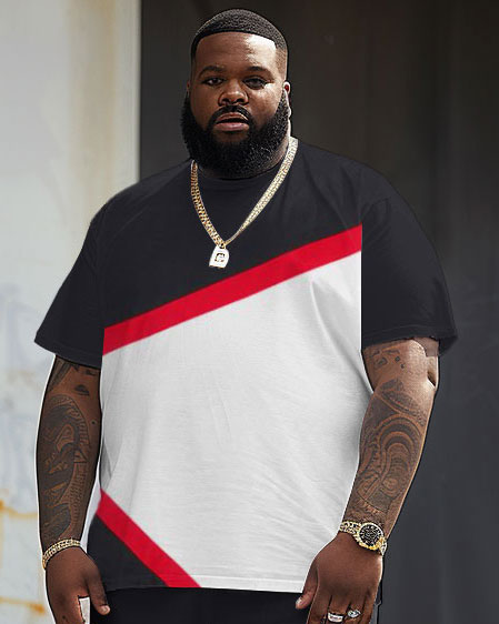 Street Casual Red Stripe Colorblock Print Big Men's Set T-Shirt-Black-8XL