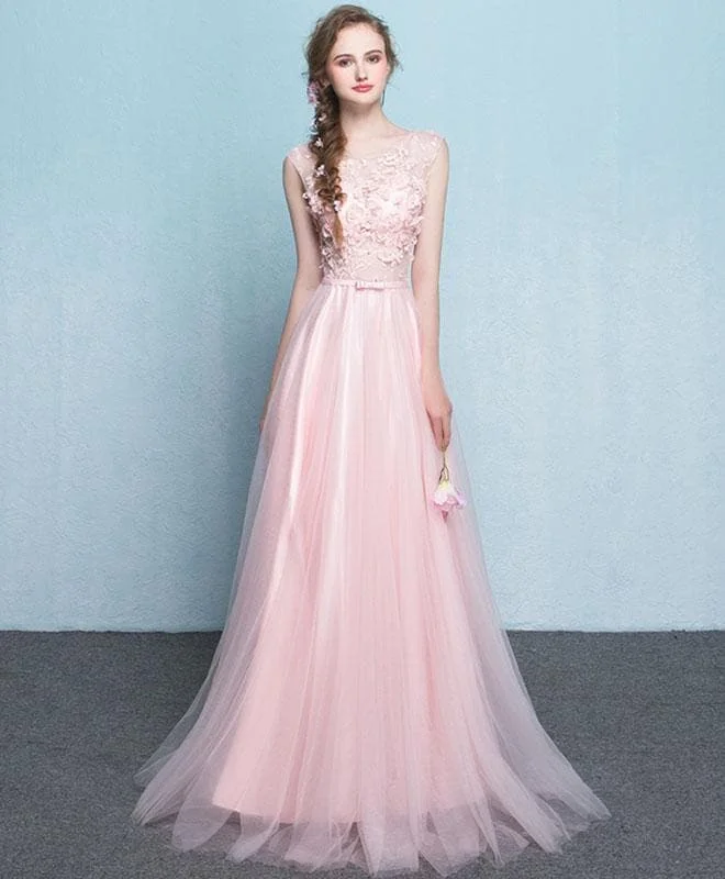 Pink Lace See Through Long Prom Dress, Pink Evening Dress