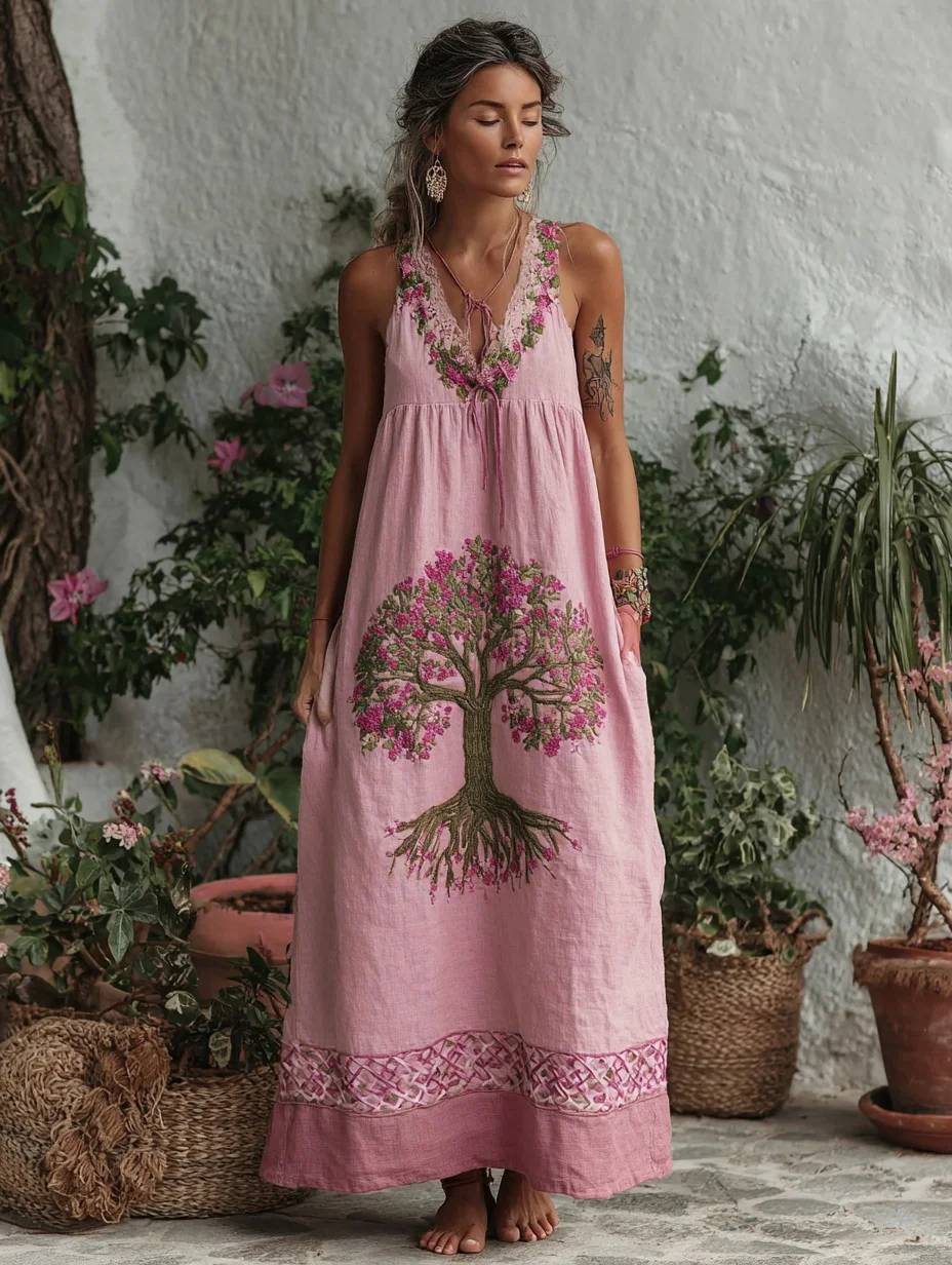 Women's Tree Of Life Pink Ribbon Embroidery V Neck Tank Midi Dress