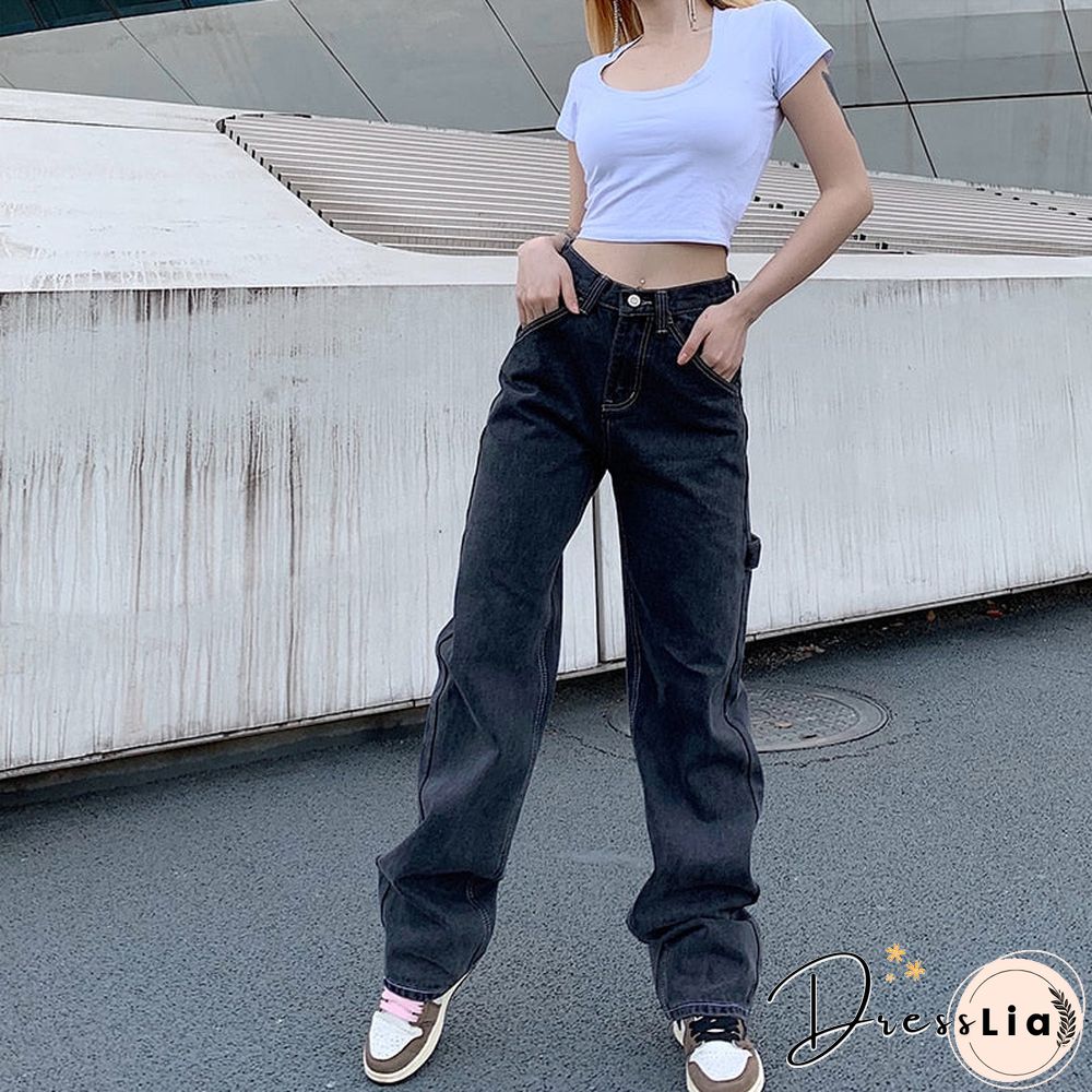Weekeep Wide-leg Straigh Gray Women's Jeans High Waist High Street Pants Loose Large Pocket Full Length Jeans Women