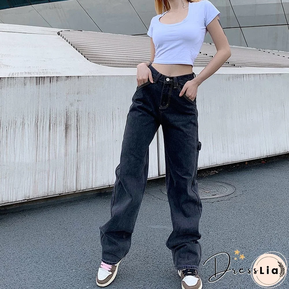 Weekeep Wide-leg Straigh Gray Women's Jeans High Waist High Street Pants Loose Large Pocket Full Length Jeans Women