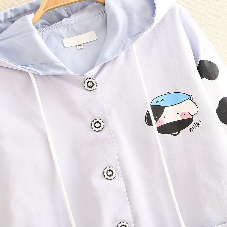 Kawaii Cow Print Button-Up Hoodie YP757
