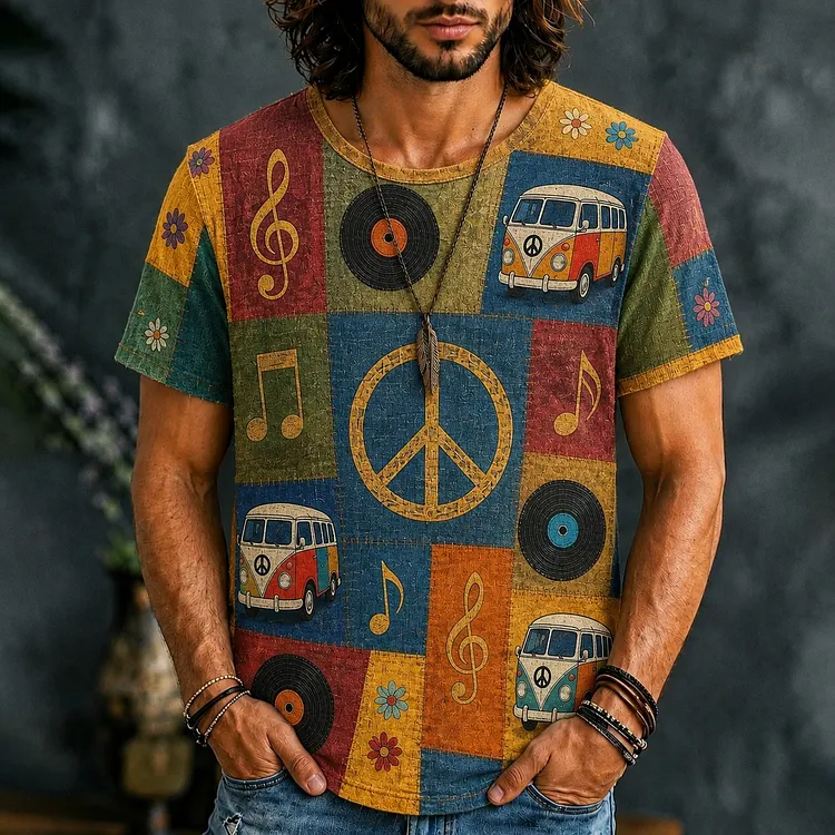 Men's Hippie Music And Soul Patchwork Print T-shirt