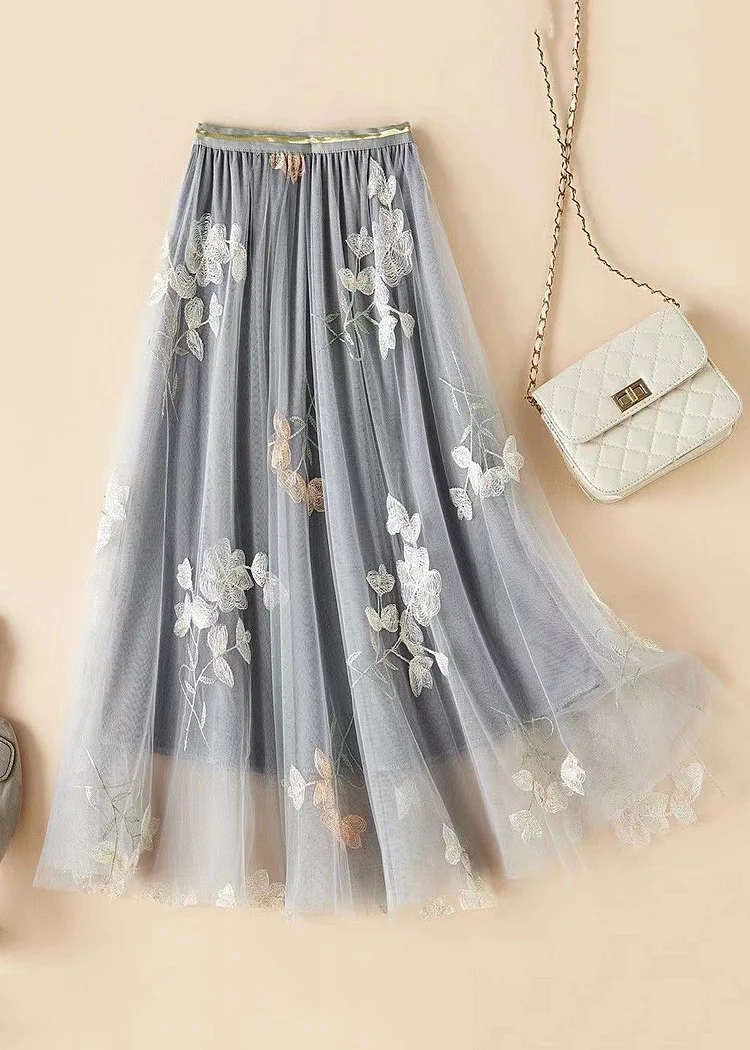Loose Grey Embroidered High Waist Tulle Skirt Summer