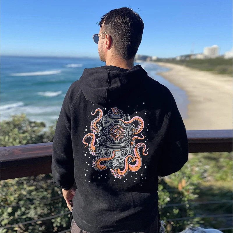 Diver Octopus Printed Casual Hoodie