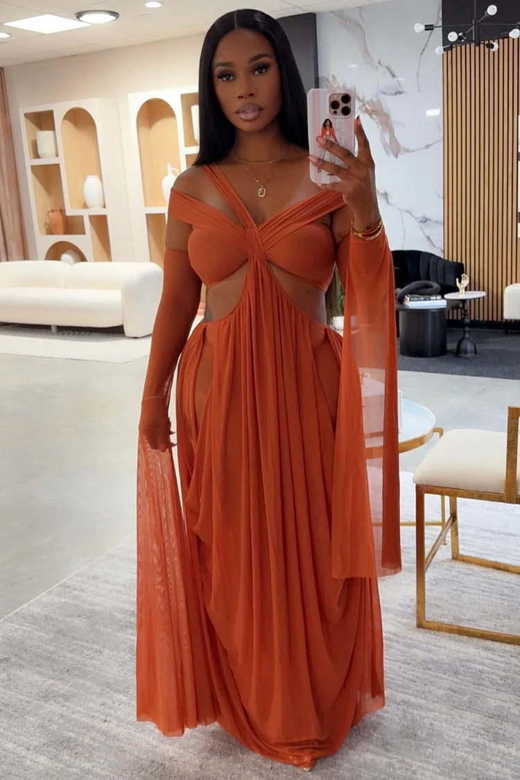 Sash Decor Cutout Semi-Sheer Mesh Vacation Maxi Dresses-Orange[Pre Order]