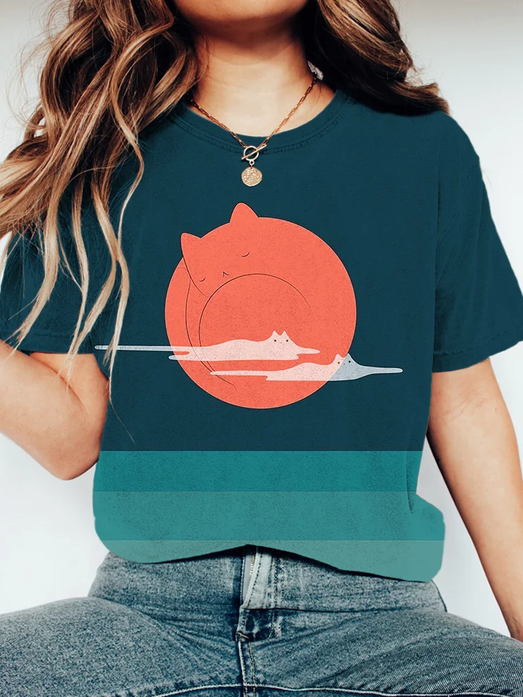 Cloudy Cat Print Washed Cotton T-Shirt