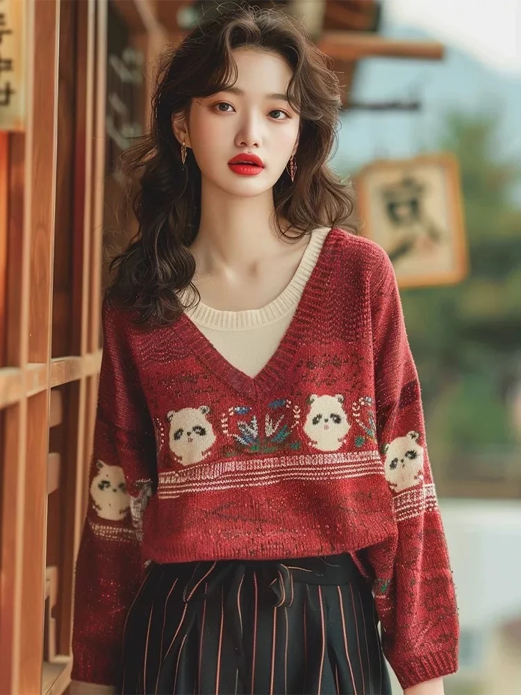 Athvotar Athvotar Cartoon Embroidery V-Neck Knitted Sweater Women's Autumn And Winter Lazy Wind Loose Leisure Holiday Two Age Reduction Top