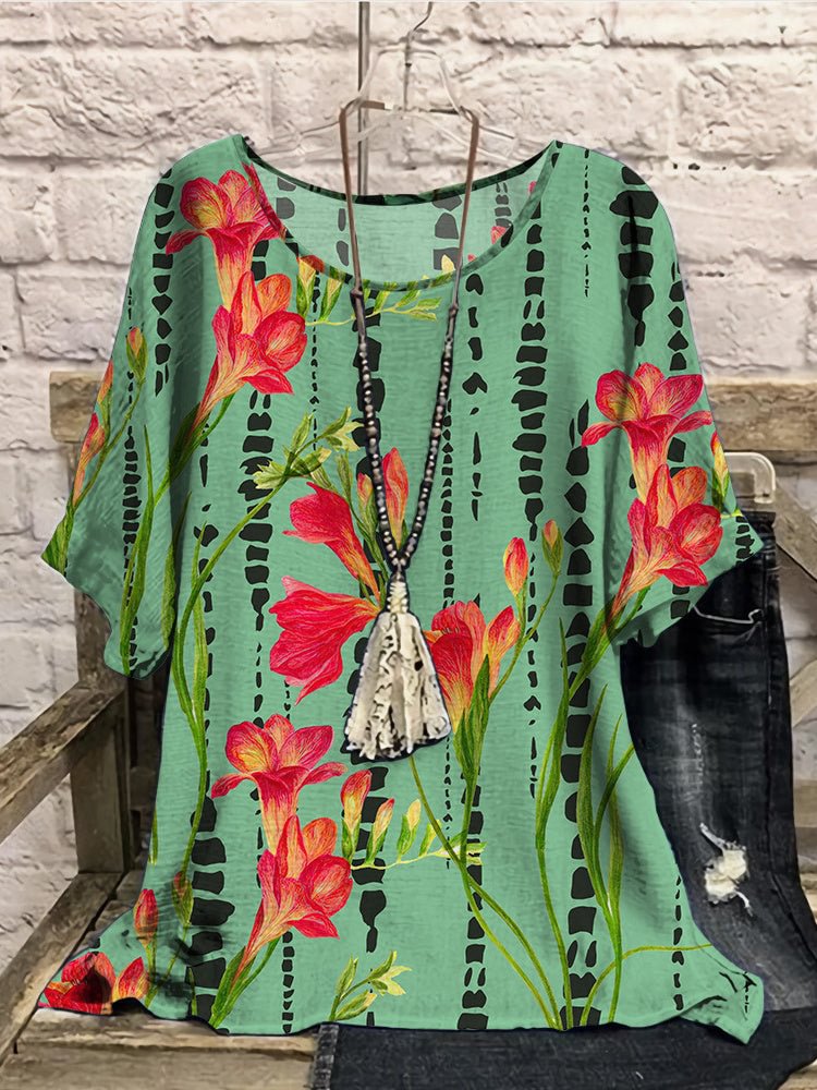 Women Half Sleeve Scoop Neck Floral Printed Green Women Tops