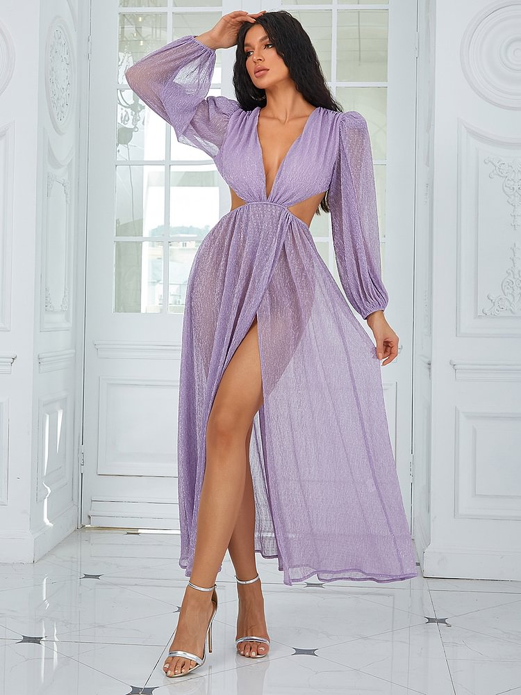 Deep V Cutout Lantern Sleeve Dress SF572
