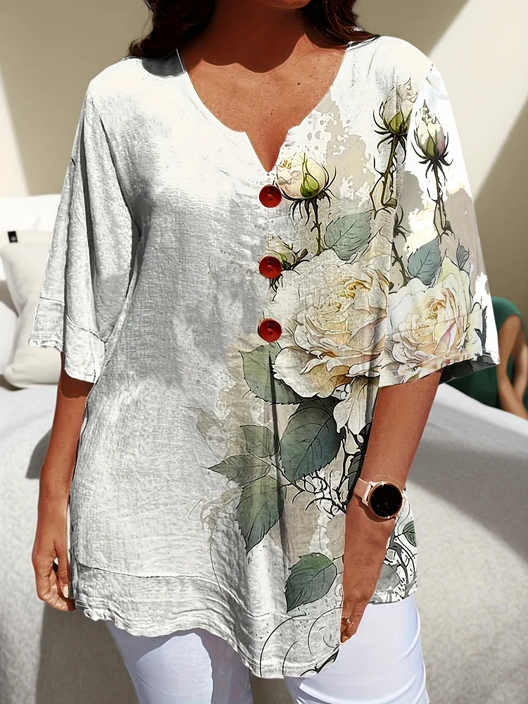 Women's Summer Casual Floral Print V-Neck Button-Front Blouse - Lightweight Loose Fit Short Sleeve Shirt With White Base & Multicolor Flowers, Machine Washable, Breathable Clothing, Asymmetrical Design, Soft Fabric