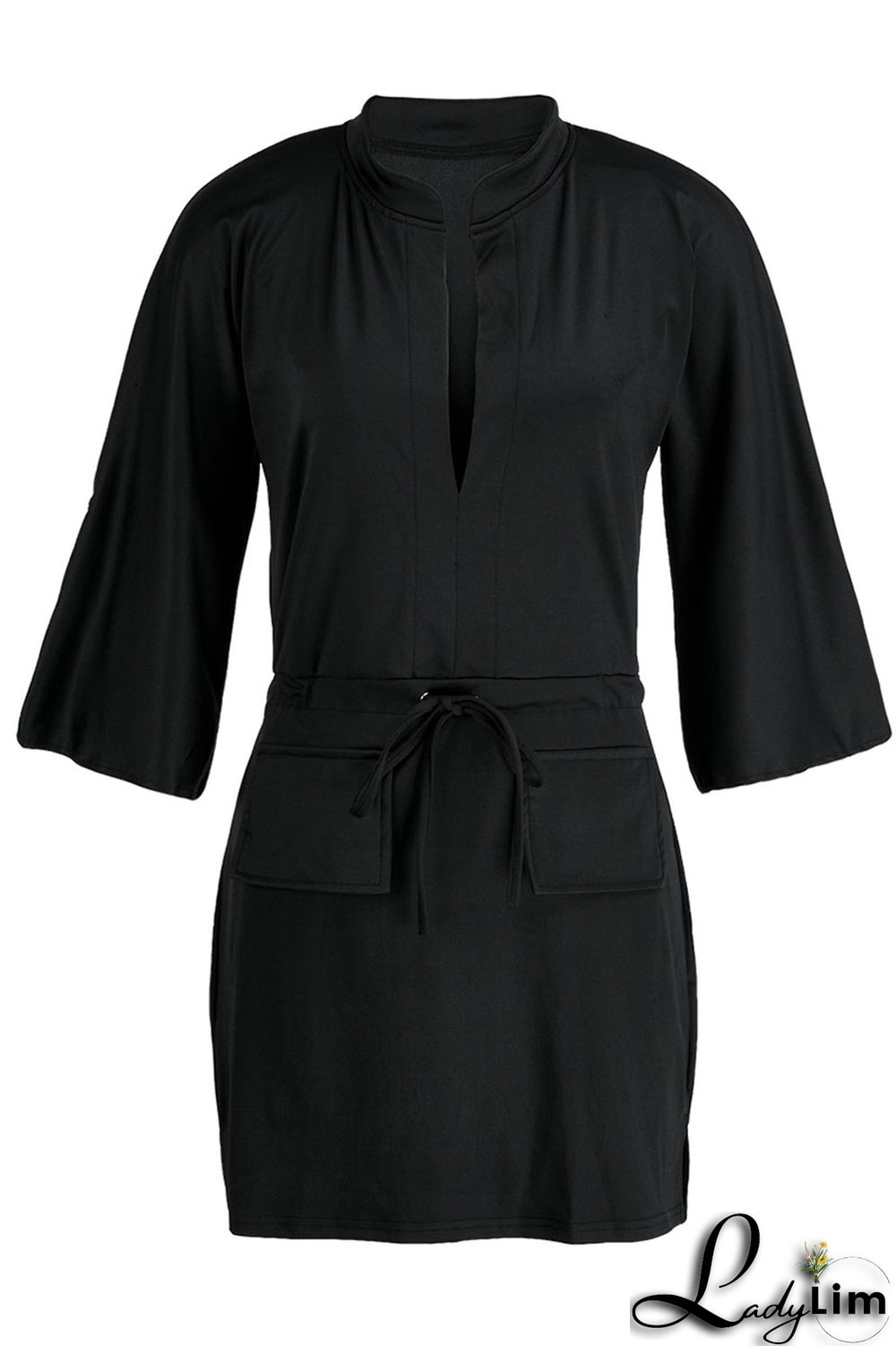 Tangerine Casual Solid Patchwork Draw String V Neck Straight Dresses