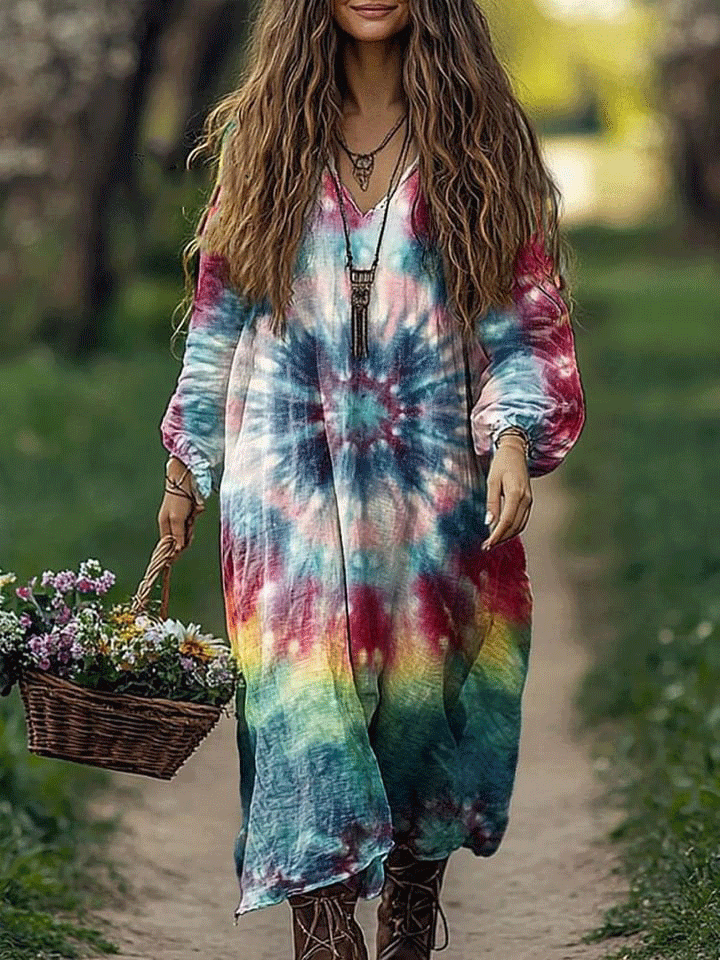 Women's Tie Dye Art Print Pocket Cotton V Neck Long Sleeve Dress