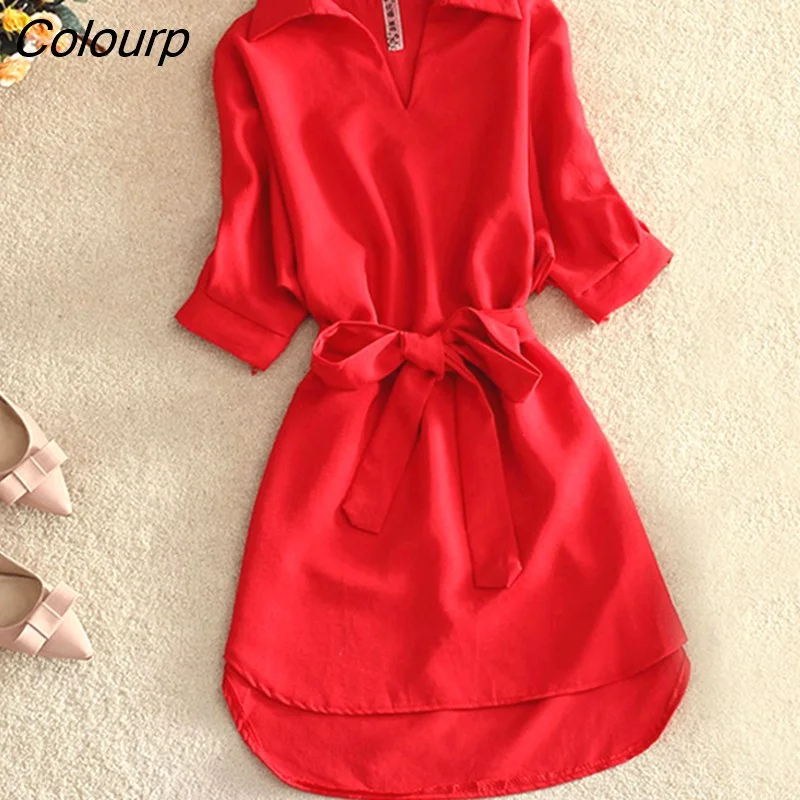 Colourp Shirt Red Dress Women Short Sleeve Blouse 2020 Fashion Solid Chiffon Tops Tunic Ladies Blusas Chemisier Vestidos Femme
