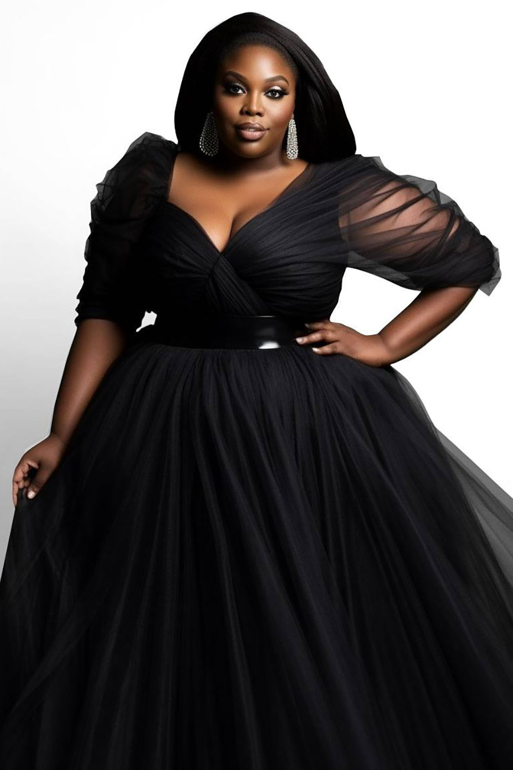 Design Plus Size Wedding Guest Tulle Maxi Dresses Elegant Black Spring Summer V Neck Puff Sleeve Half Sleeve See Through Maxi Dresses [Pre-Order]