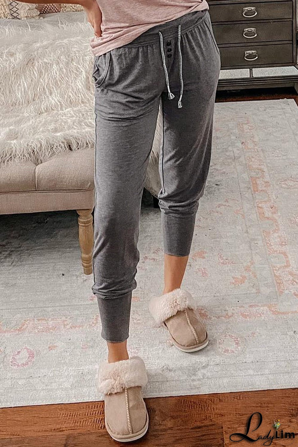 Gray Buttoned Drawstring High Waist Jogger Pants