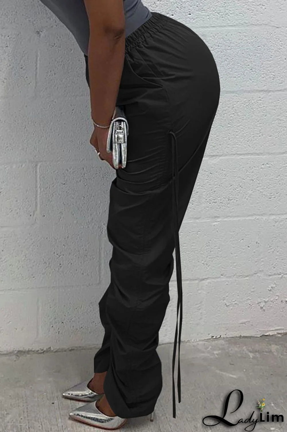 Green Casual Solid Patchwork Draw String Fold High Waist Pencil Solid Color Bottoms