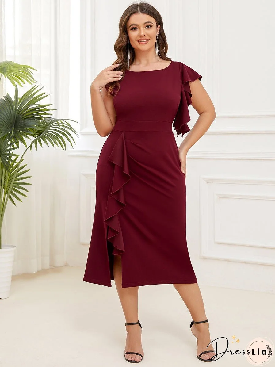 Plus Knee Length Cover Sleeves Round Neck Split Wholesale Evening Dresses