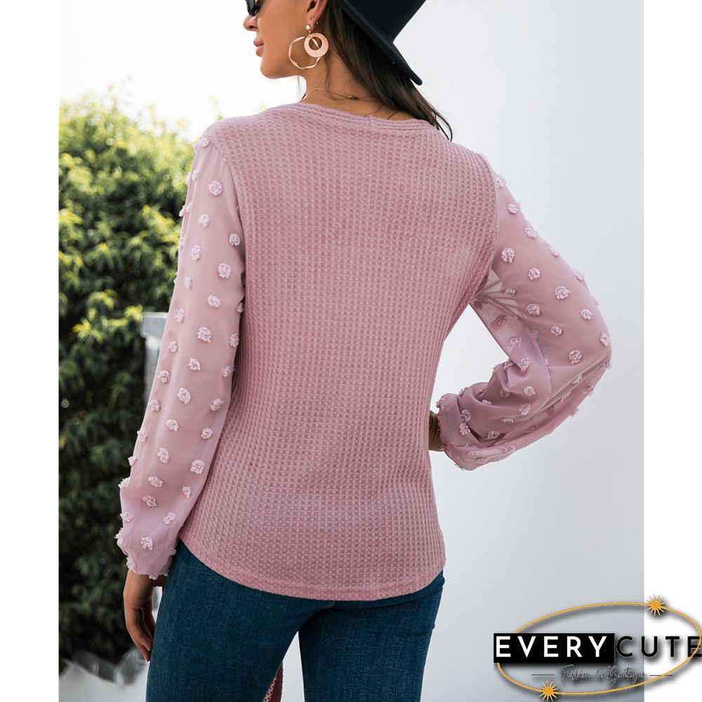 Pink Waffle Splice Swiss Dot Long Sleeve Blouse
