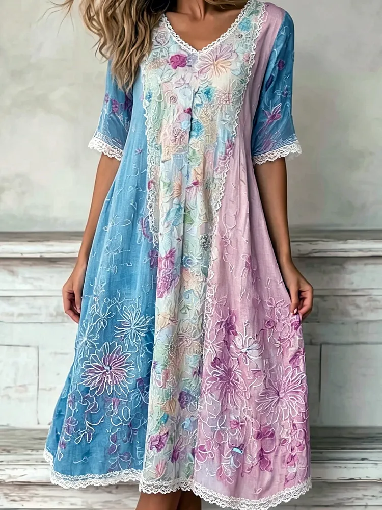 Women's Retro Floral Print Color Block Cotton Linen Comfortable V-neck Dress