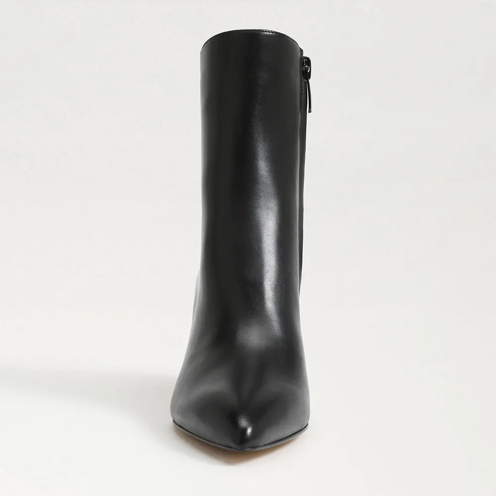 Faux Leather Pointed Toe Black Heel Booties with Side Zipper