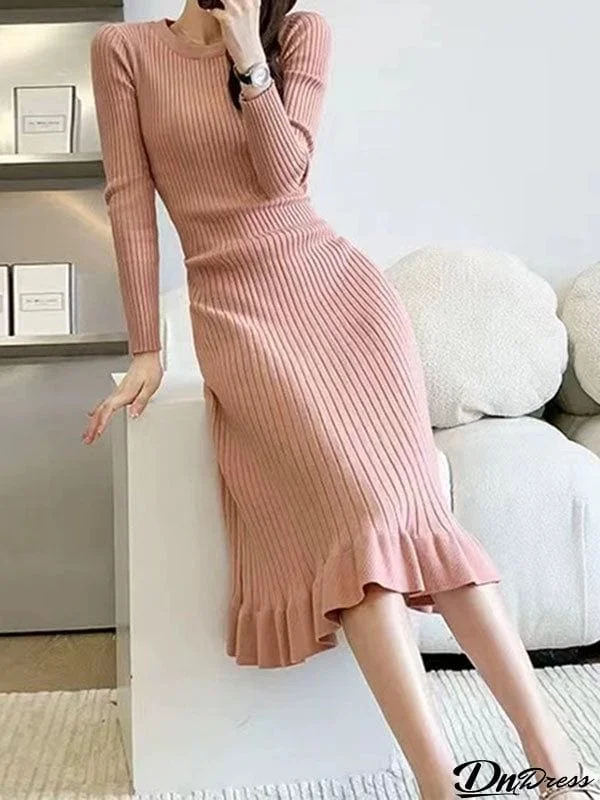Long Sleeves Loose Ruffled Solid Color Round-Neck Midi Dresses Sweater Dresses
