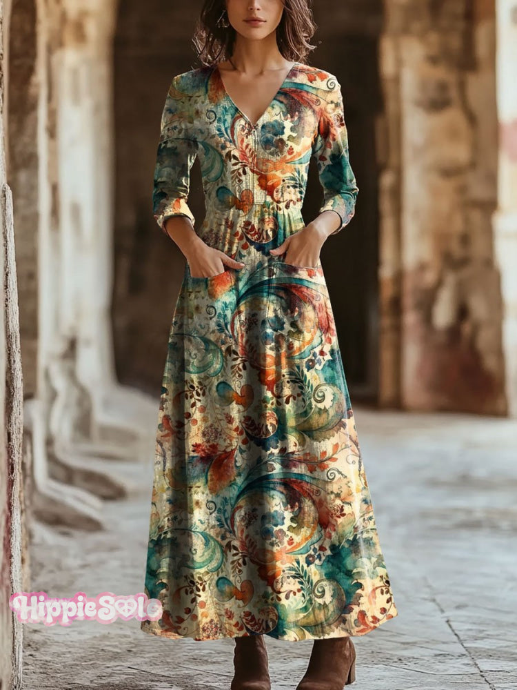 Women’s Vintage Paisleys Art Print Pocket Cotton Dress Multicolor / S