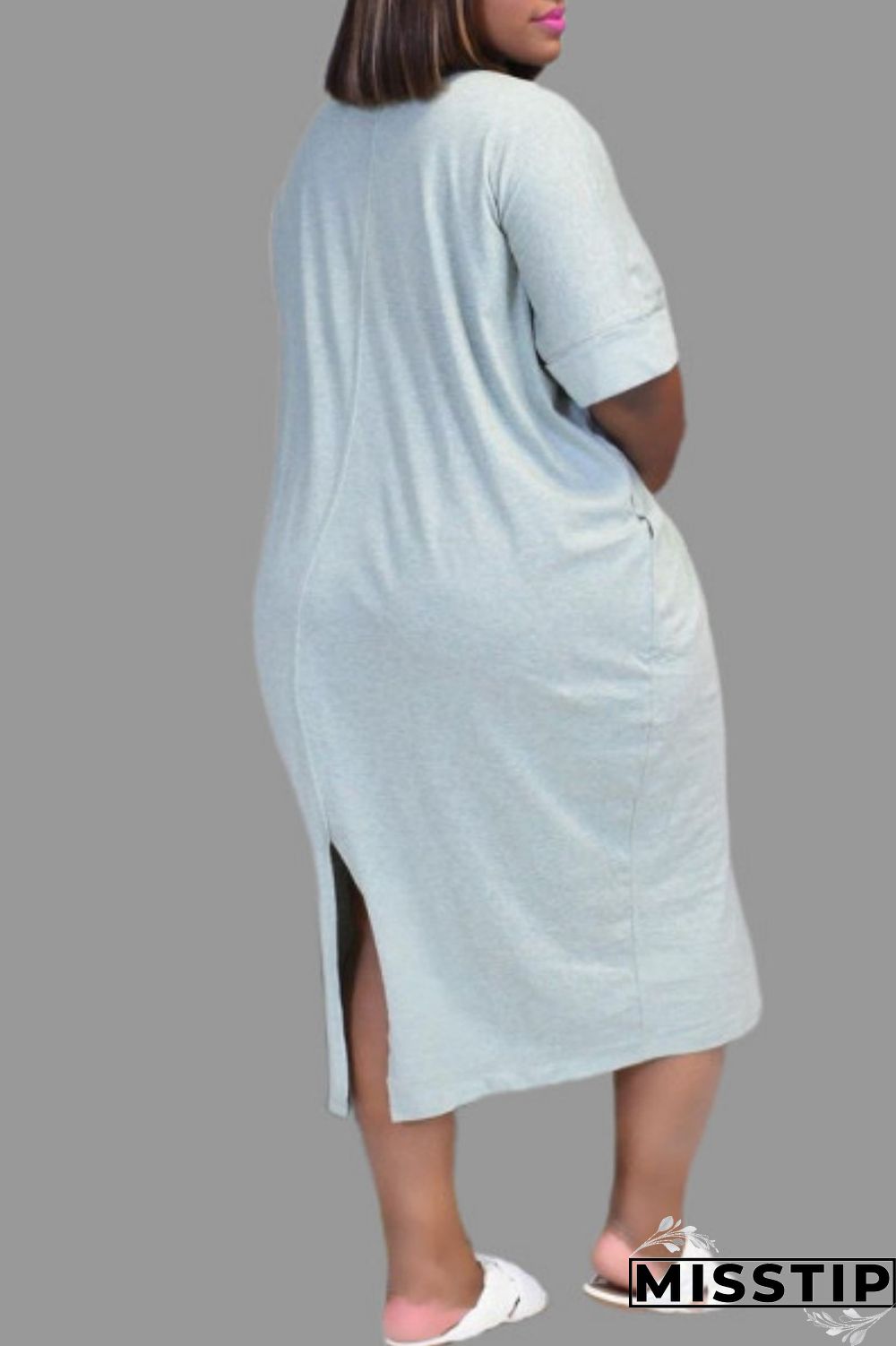 Plus Size Light Gray Casual Print Basic O Neck Short Sleeve Dress Dresses