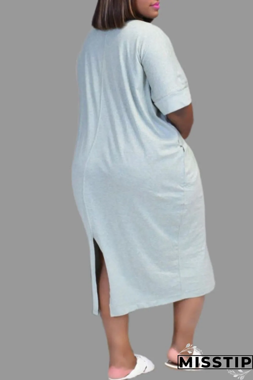 Plus Size Light Gray Casual Print Basic O Neck Short Sleeve Dress Dresses