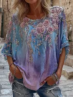 Women's Pink Roses Embroidery Art Round Neck Short Sleeve Linen Blend T-shirt