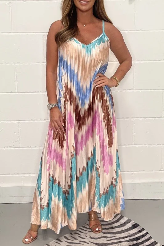 Multi Printed Zig Zag Pleated Maxi Dress