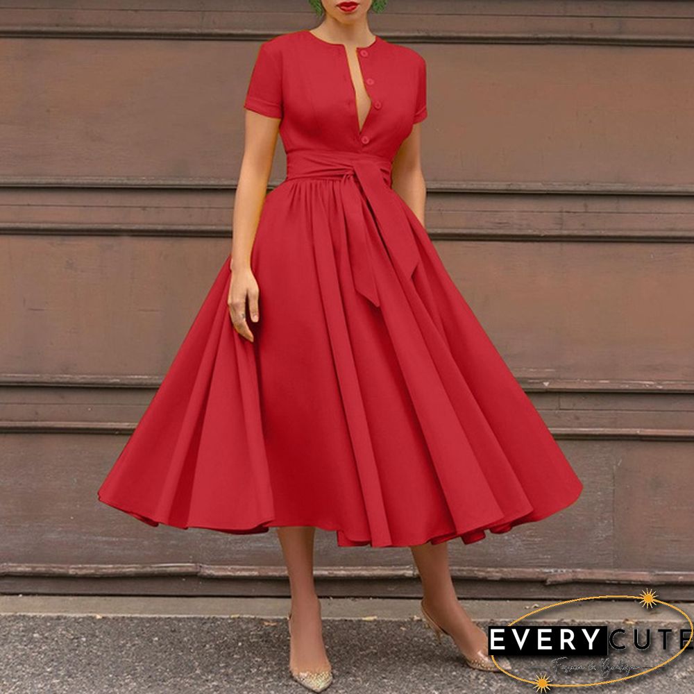 Retro Women Summer Sexy Short Sleeve Long Shirt Dress Party Elegant Big Swing Pleated Maxi Sundress