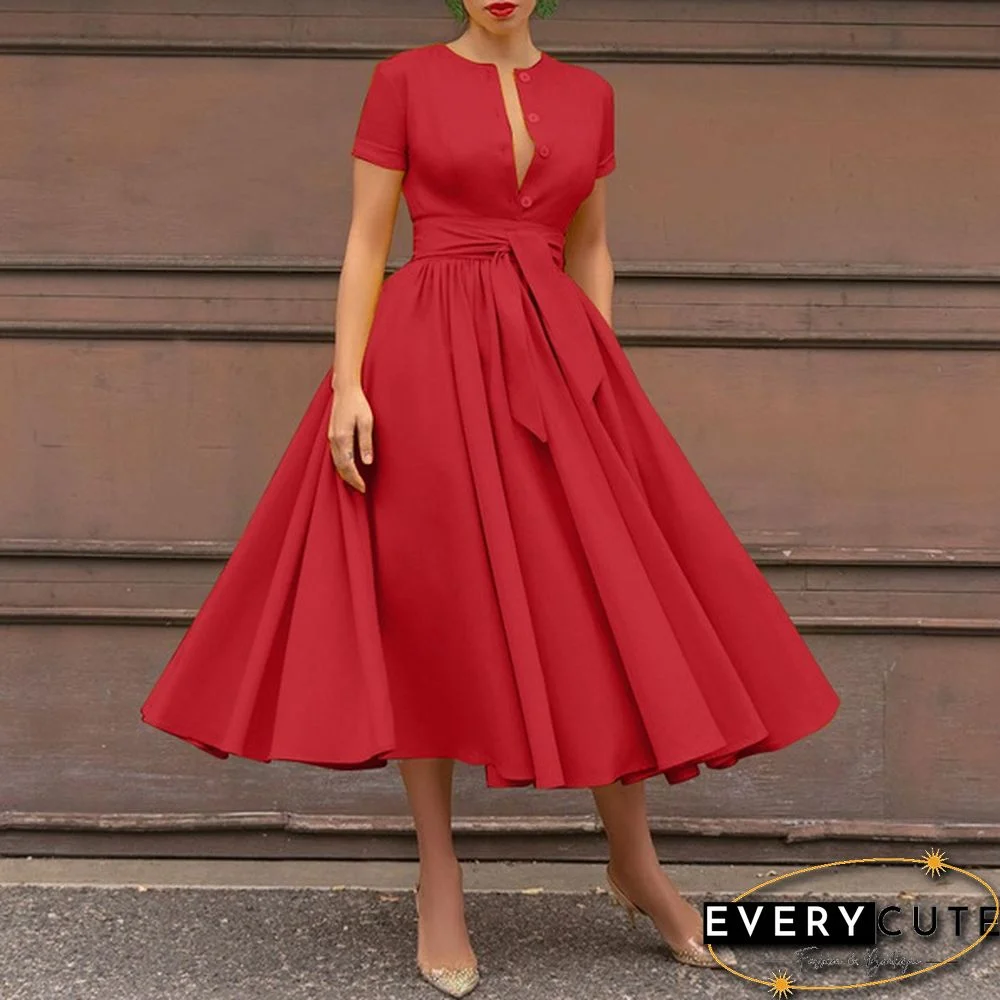 Retro Women Summer Sexy Short Sleeve Long Shirt Dress Party Elegant Big Swing Pleated Maxi Sundress