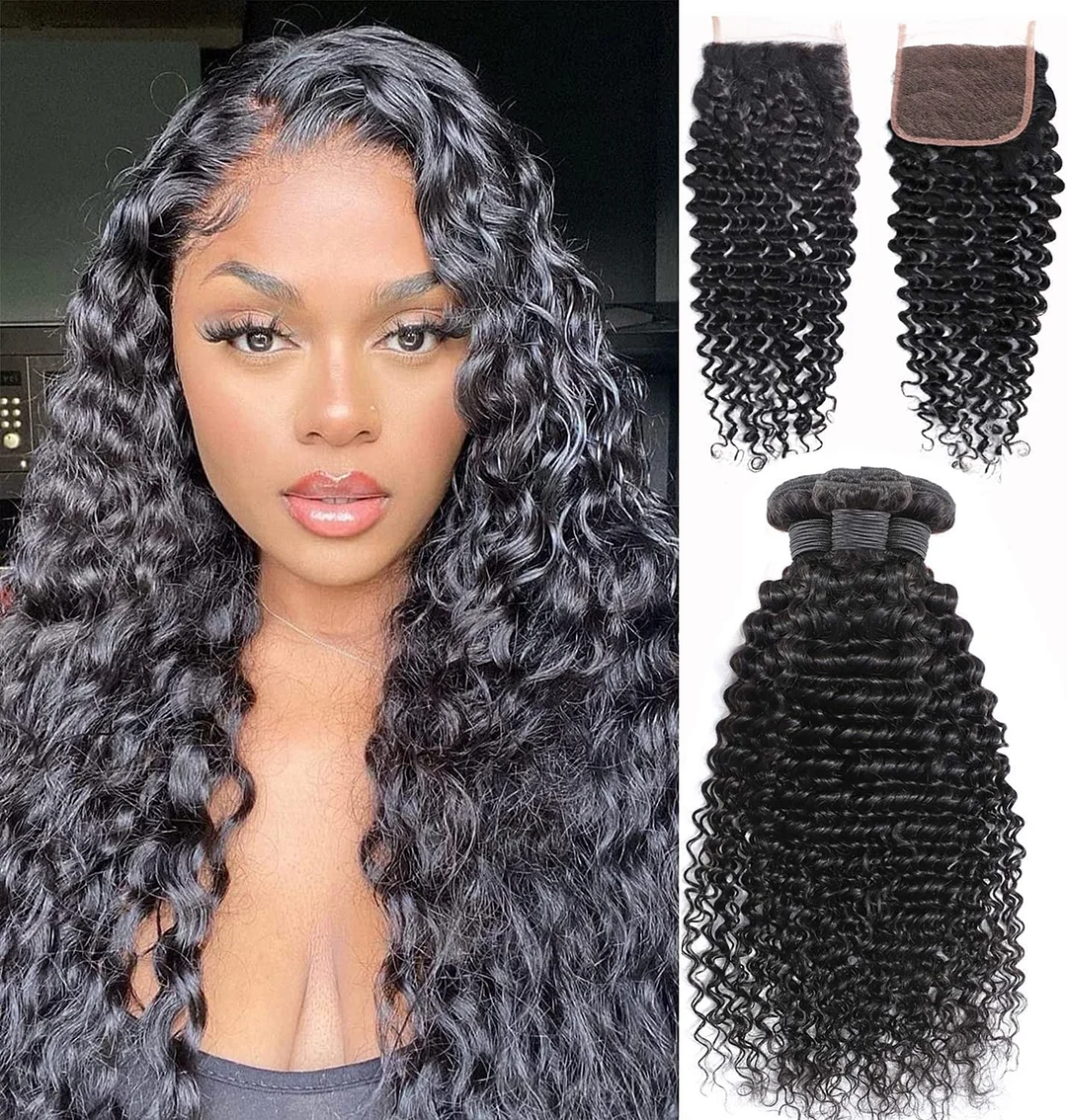  12A 3PCS + 4X4 HD Lace Closure Deep Curly Hair Extension With 4X4 Transparent Lace Closure