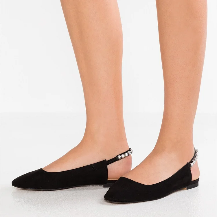 Black Slingback Shoes Round Toe Comfortable Flats with Rhinestone |FSJ Shoes